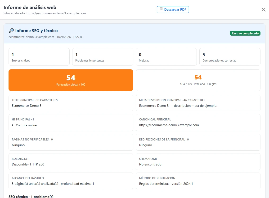 Detalle de ecommerce-demo3.example.com con título, descripción, encabezado, canonical y alcance del rastreo