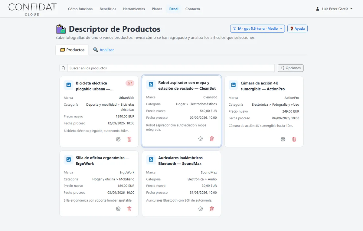 Pestaña Productos con varias fichas de demostración