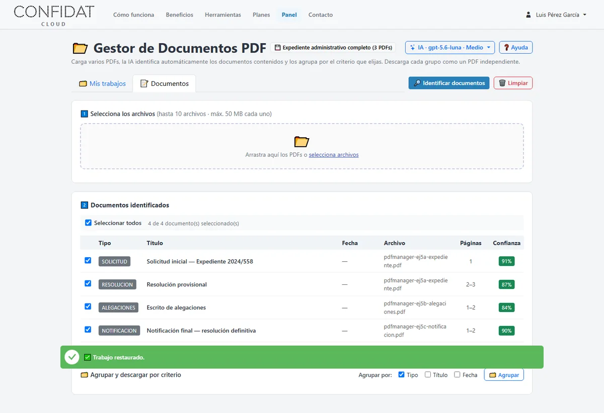 Trabajo PDF de expediente administrativo con documentos identificados
