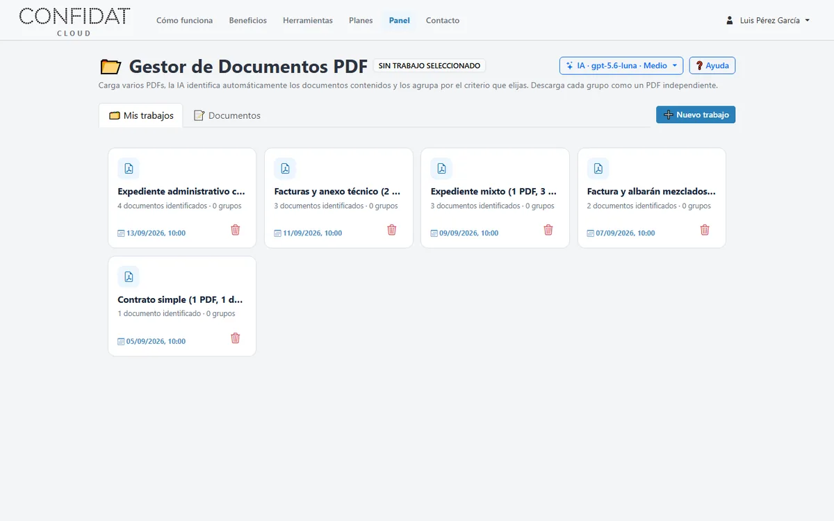 Pestaña Mis trabajos con varios trabajos PDF de demostración