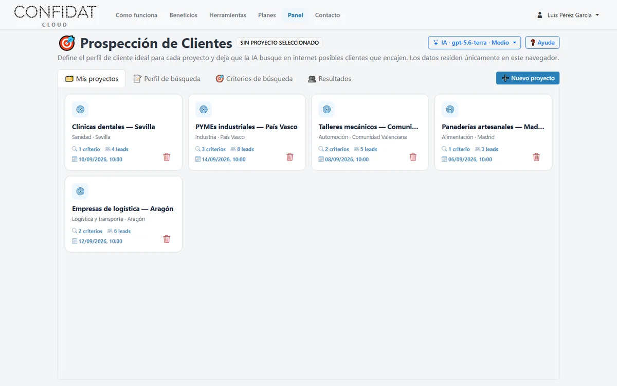 Pestaña Proyectos con varios perfiles de prospección de demostración