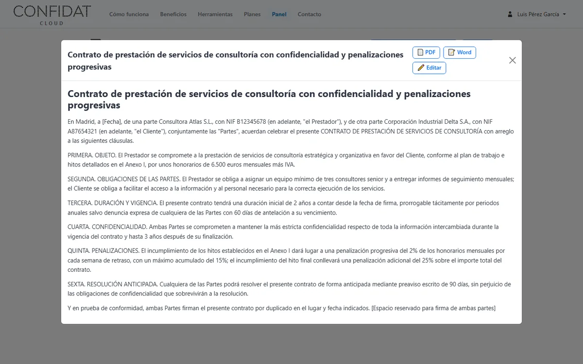 Vista previa de un contrato de prestación de servicios de demostración