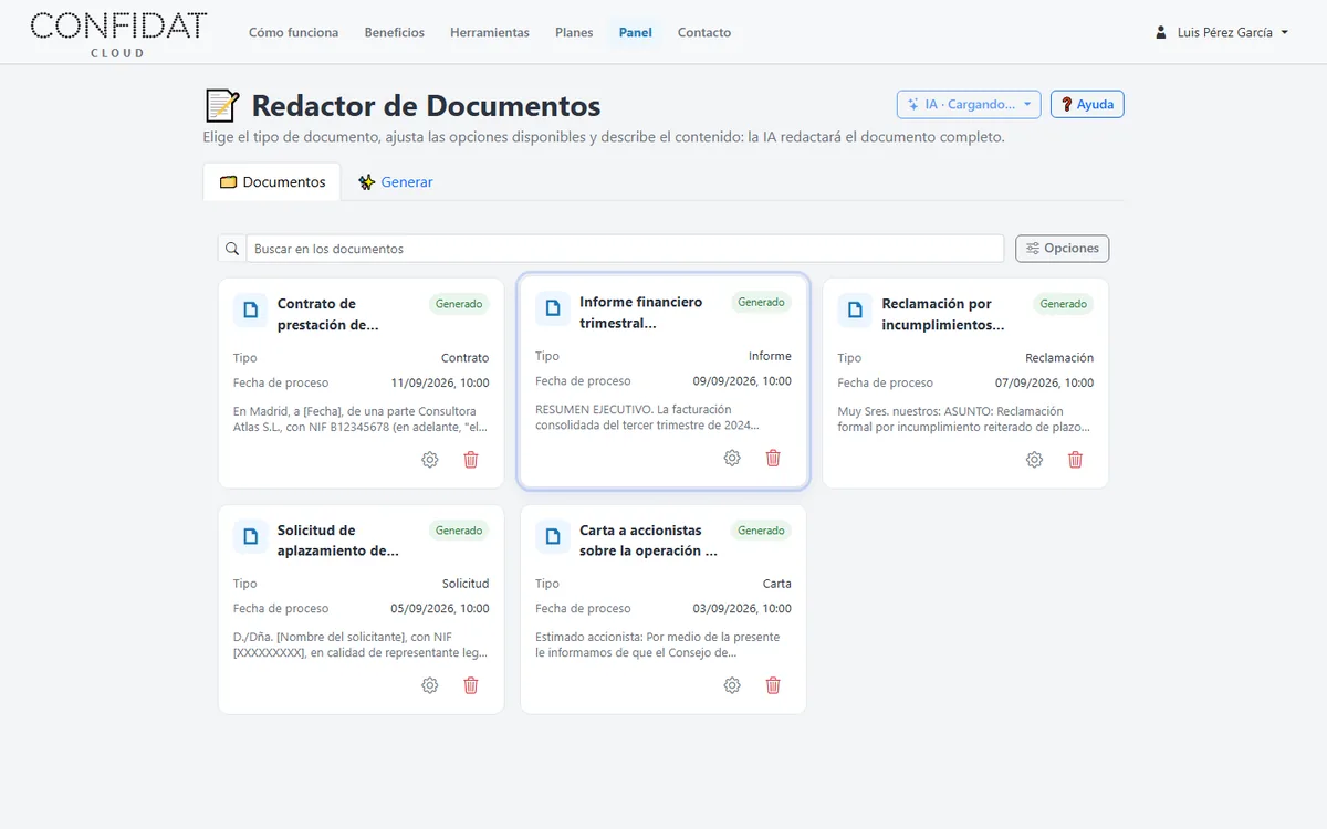 Pestaña Documentos con varios borradores de demostración