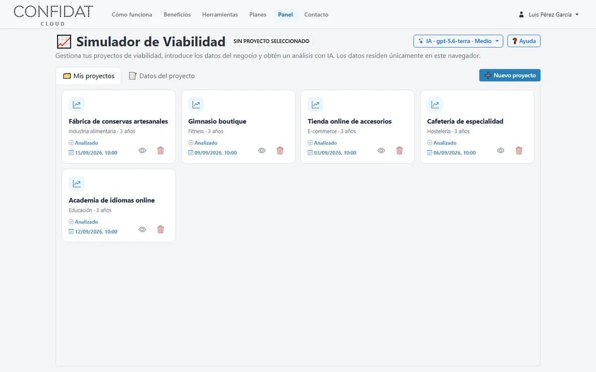Pestaña Mis proyectos con cinco ideas de negocio de demostración